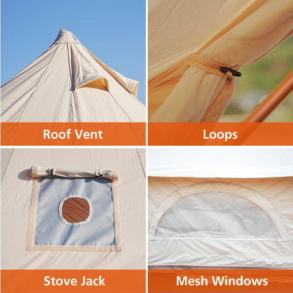 VANFOND Canvas Bell Tent, Yurt Tent with Stove Jack, Waterproof and Breathable Wall Tent, Glamping Tent, Detachable Groundsheet for Camping Party