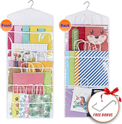 Primode Gift Bag Organizer - Double-Sided Hanging Storage with Multiple Pockets | 38 x 16 Inch (White)