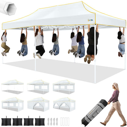 HOTEEL 10x20 Heavy Duty Pop up Canopy Tent with 6 Sidewalls, Easy Setup Outdoor Commercial Instant Gazebo for Parties Wedding Event, with Roller Bag & Sand Bags, White(Hexagonal Frame)