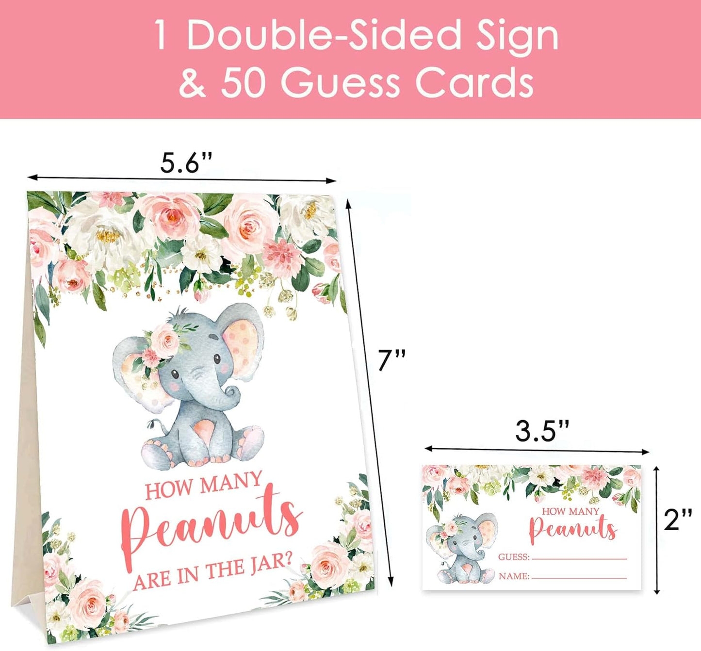 Yuzioey Pink Elephant Baby Shower Game, Guess How Many Peanuts, 50 Cards and Matching Sign