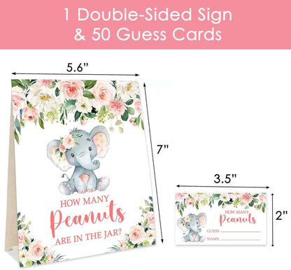 Yuzioey Pink Elephant Baby Shower Game, Guess How Many Peanuts, 50 Cards and Matching Sign