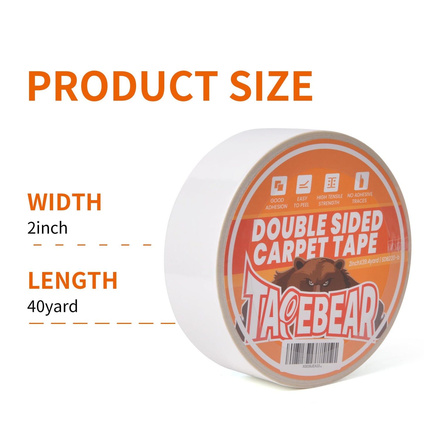 TAPEBEAR Heavy-Duty Double Side Carpet Tape 2inch X 40yard, Carpet Tape for Rug, Wood, Floor, Residue-Free Rug Tape, Multipurpose Gripper Non Slip Tape, White