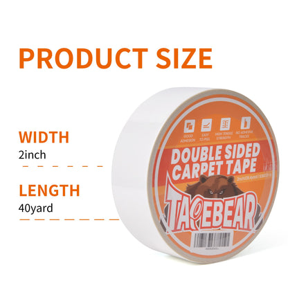 TAPEBEAR Heavy-Duty Double Side Carpet Tape 2inch X 40yard, Carpet Tape for Rug, Wood, Floor, Residue-Free Rug Tape, Multipurpose Gripper Non Slip Tape, White