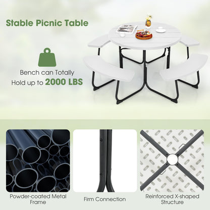 Giantex Picnic Table Set for Up to 8 Persons, Round Outdoor Table and Bench Set with Umbrella Hole, HDPE Top & Metal Frame, 2000LBS Capacity, Patio Table Bench for Deck Backyard Garden (White)