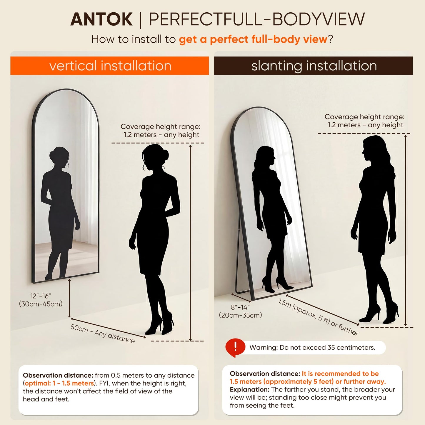 Antok 81" x41” Arched Full Length Floor Mirror, Black Aluminum Frame, Free Standing/Wall Mount/Leaning for Bedroom, Living Room, Dressing Room