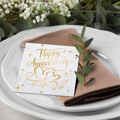 25Pcs 3-Ply 25th 50th 5 5 LeZakaa Happy Anniversary Paper Napkin, Gold Foil Cocktail Beverage Bar Square Disposable