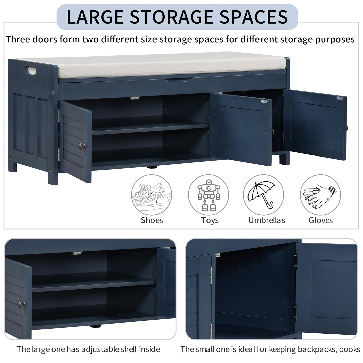 GDFStudio Jasd Storage Bench with 3 Shutter-Shaped Doors, Shoe Bench with Removable Cushion and Hidden Storage Space, Large Organizer Space, Wooden Foot Rest for Living Room Entryway, Antique Navy