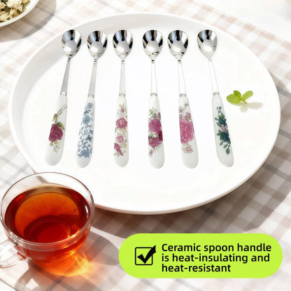 Hiiooweiyi 6-Piece Set of Stainless Steel Coffee Spoons Ceramic Handles Teaspoons Sugar Water Ice Cream Smoothies Spoons Soup Mixing Utensils