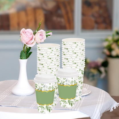 JarThenaAMCS 50 Pcs Greenery Coffee Cups with Lids Sleeves 16 Oz Green Eucalyptus Leaves Paper Cups Disposable To Go Coffee Cup for Wedding Cafes Shops Cappuccino Chocolate Beverage Cocoa