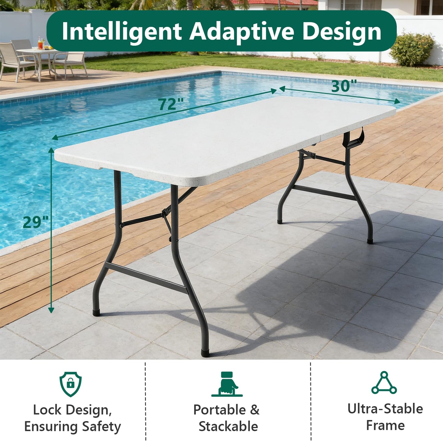 FurniEdge 6FT Folding Table 4 Pack, Heavy Duty Plastic Table with Handel, 400lbs Portable Table, Reinforced Steel Legs, Fold-in-Half Table Ideal for Parties, Picnics, Weddings, Camping White