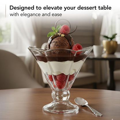 OVENTE 4 Pack Glass Dessert Bowls with Spoons, 6 Oz Footed Ice Cream Cups for Sundae, Fruit, Salad, Cocktail, Snack or Trifle, All Purpose Serving Bowl Ideal for Christmas Holiday Party, Clear ICGBSS4