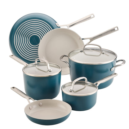 KitchenAid Hard Anodized Ceramic Induction Nonstick Pots and Pans Set with Saucepans, Frying Pans, Stockpot, and Lids, Dishwasher Safe, 9 Piece Cookware Set with Stainless Steel Handles - Agave Blue