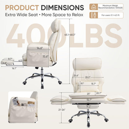EGSEAT Big and Tall Office Chair with Flip Armrests, Cross Legged Office Chair with Storage Pockets, Comfortable Reclining Computer Chair with Footrest, Wide Home Office Desk Chair, Leather, Beige