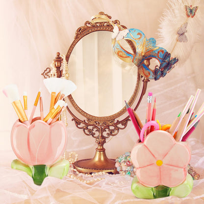 Ninehaoou 2 Pcs Pink Flower Ceramic Pen Holder Cute Tulip Pencil Holder Aesthetic Flower Makeup Brush Vase Decorative Desktop Organizer Birthday Gift for Women Office Home Wedding Party Decor