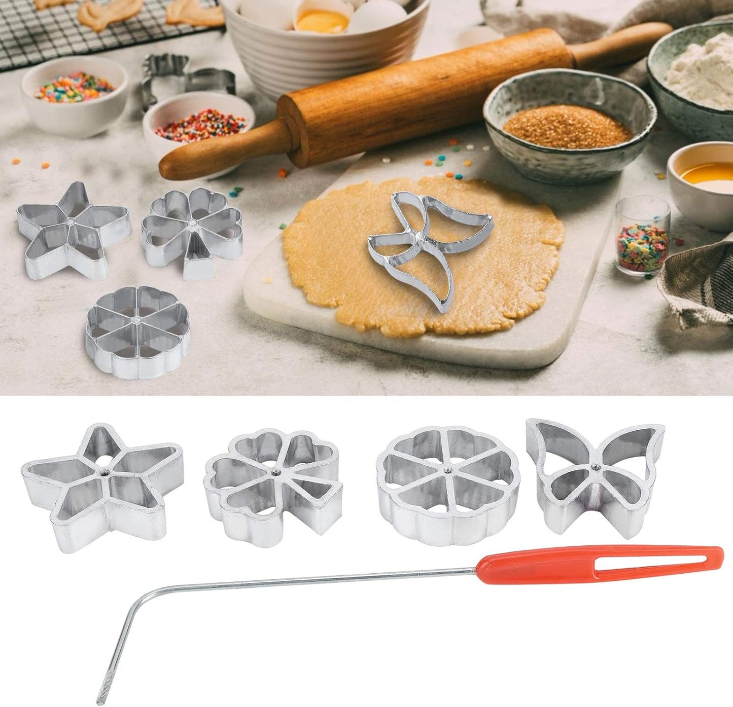 Rosette Iron Set with Handle, 4 Shapes Cake Printing Pastry Waffle Molds, Cookie Pastry Mold for Biscuit Lovers