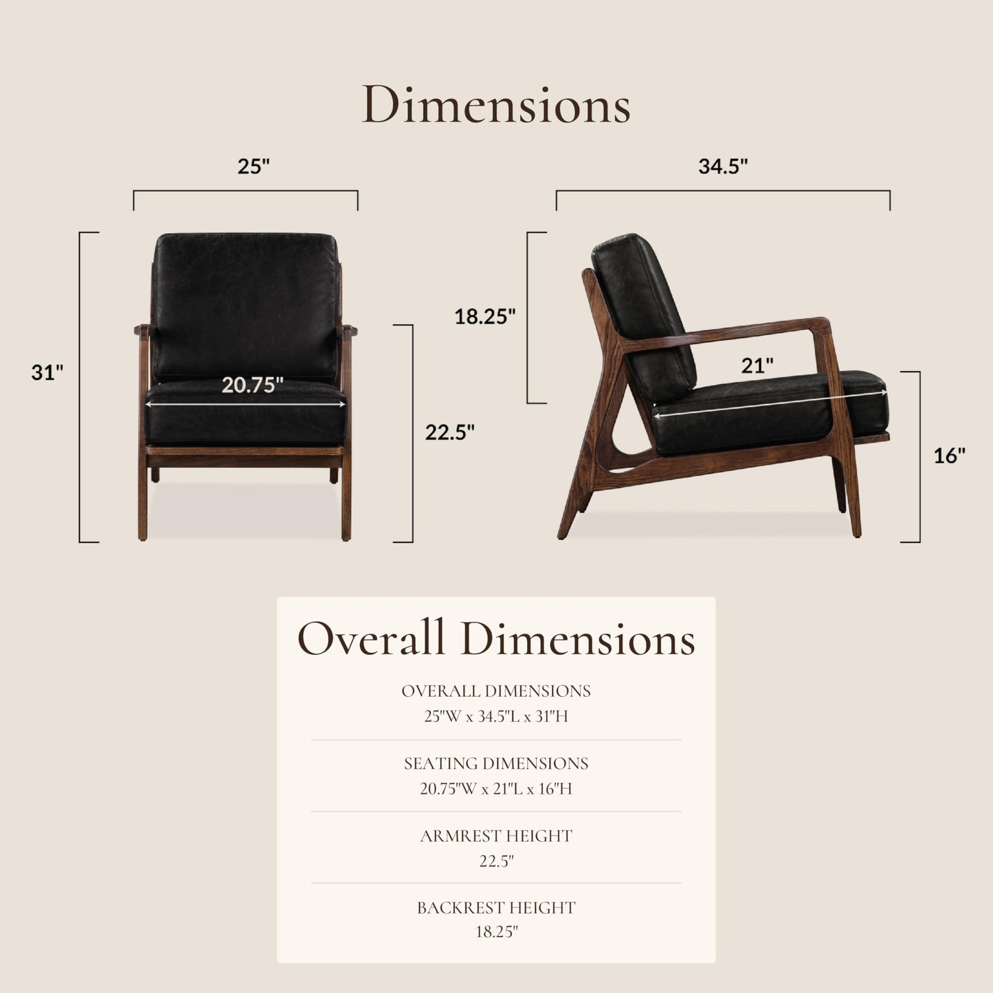 Poly & BARK Verity Leather Accent Chair – Armchair with Walnut Wood Frame – Fashion-Forward Lounge Seating for Living Room – Upholstered in Onyx Black Leather for Modern Style