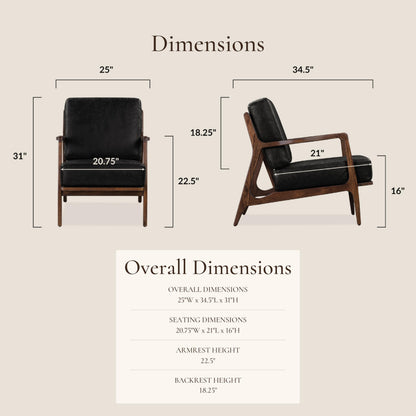 Poly & BARK Verity Leather Accent Chair – Armchair with Walnut Wood Frame – Fashion-Forward Lounge Seating for Living Room – Upholstered in Onyx Black Leather for Modern Style