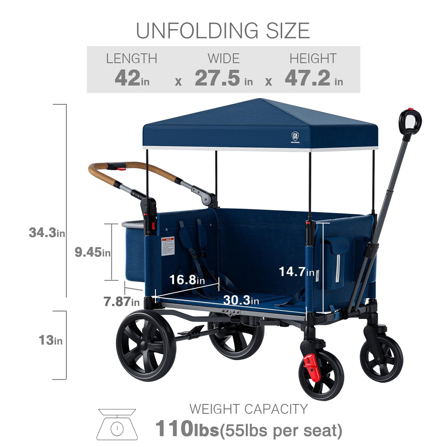 EVER ADVANCED Side-Unzip Wagon Stroller for 2 Kids, Push Pull Stroller with Adjustable Handle, Easy Access Zipper Door, 5-Point Harness Removable UV-Protection Canopy Shock-Absorbing Wheels, Blue