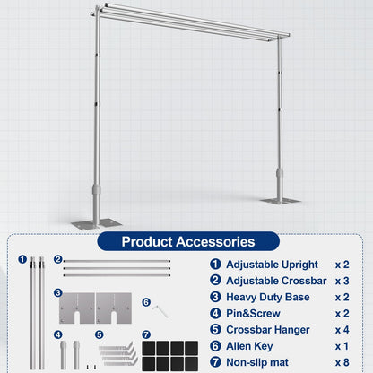 EMART Backdrop Stand Heavy Duty 10x10Ft,Three Crossbar Pipe and Drape Photo Background Support Kit, Adjustable Metal Frame with Flat Base for Wedding Birthday Party Decorations
