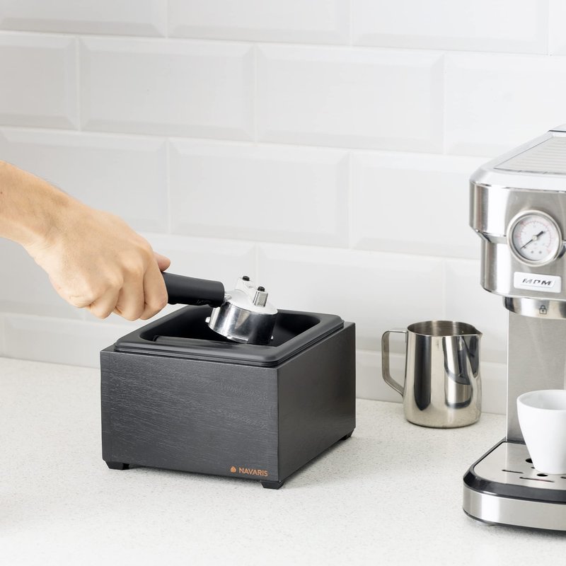 Navaris Coffee Knock Box - Stainless Steel and Wood Bin for Espresso Machine Coffee Grounds - With Silicone Bar for Knocking Filter Grinds - Black