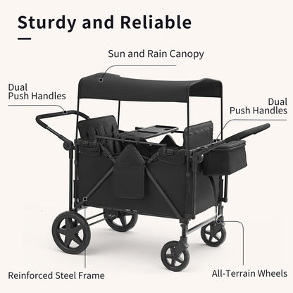 Stroller Wagon for 4 Kids, 4 Seater Wagon Stroller with Convertible Seats Footrests, Snack Tray, Storage Bag, Removable Canopy, Wagon Stroller 4 Seater with Double Push Handle (Black-Convertible)