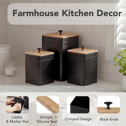 PERFNIQUE Kitchen Canisters for Countertop Set of 3, Airtight Canisters Sets for the Kitchen Counter with Lid, Metal Farmhouse Food Storage Containers Jars for Flour Sugar Coffee Tea Spice (Black)