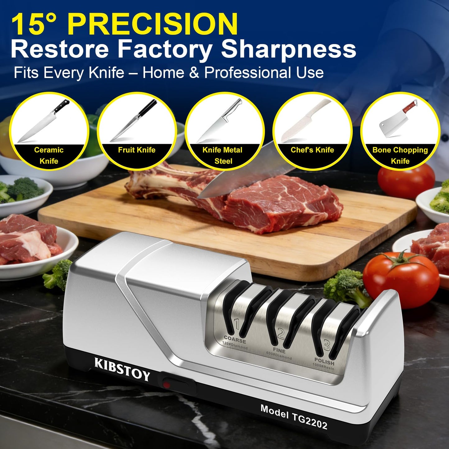 Knife Sharpener Electric, 3-Stage Professional Kitchen Sharpener with 100% Diamond Abrasive, 15° Precision Angle, Magnetic Dust Box, Fast Sharpening & Repair for Chef Knife, Paring Knife
