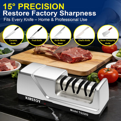 Knife Sharpener Electric, 3-Stage Professional Kitchen Sharpener with 100% Diamond Abrasive, 15° Precision Angle, Magnetic Dust Box, Fast Sharpening & Repair for Chef Knife, Paring Knife