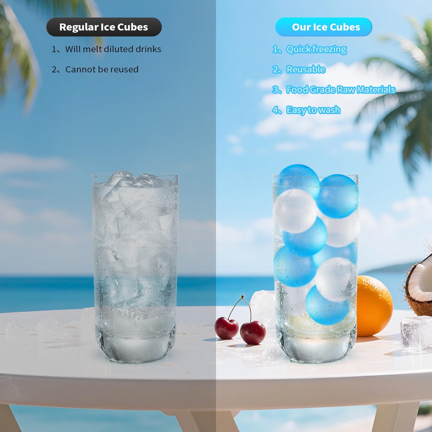380 Pack Reusable Ice Cube for Drinks - Refreezable Plastic Ice Cubes Without Diluting BPA Free, Washable Ice Cube for Whiskey Coffee Bars Party Ice Bath Camping (Blue&Transparent, Round-380Pack)