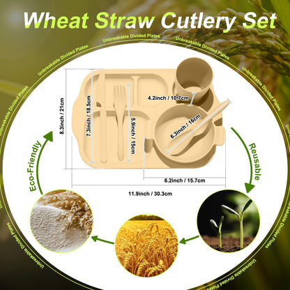 24 Pcs Wheat Straw Dinnerware Cutlery Set for Adult Including Divided Plates Microwave Dishwasher Safe Bowl Unbreakable Tableware Straw Cutlery Spoon Knife Fork(Light Color)