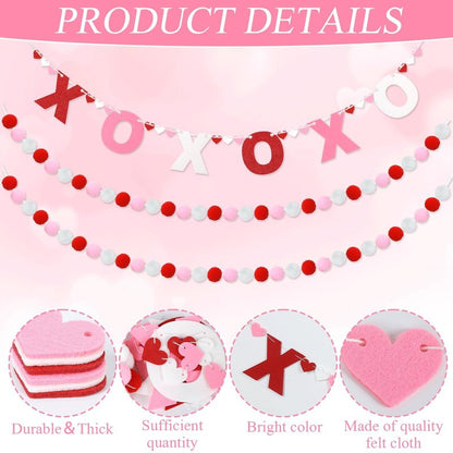 QOUBAI 3pcs Valentine's Day Garland Felt Ball Garland 10ft Pompom Garland Valentine Decorations XOXO Felt Ball Banner for Mantle Fireplace Room Valentine's Day Anniversary Engagement Party Supplies