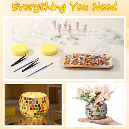 Remerry 2 Set Glass Mosaic Candle Holder Kit with Lights DIY Mosaic Arts and Crafts Gifts Decorative Handmade Flower Glass Vase Tealight Holder for Adults Home Lighting Decor