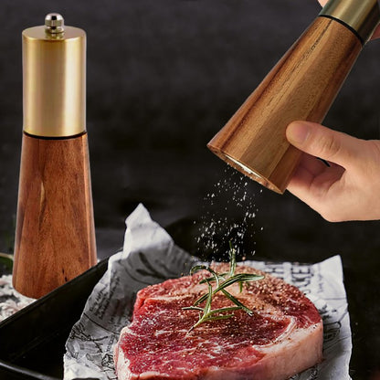 Salt and Pepper Grinder Set Gold Manual Pepper Grinder with Wooden Base, Adjustable Coarseness Refillable Ceramic Blade Grinding Enjoy Fresh Ground Pepper Salts with Spices, 2pcs-7in(7IN-Golden Wood)