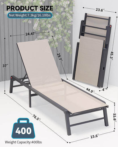 Aluminum Chaise Lounge Chair Outdoor, Foldable Patio Lounge Chair 2 Sets Assemble-Free, Pool Lounge Chairs with 5 Adjustable Backrest, Outdoor Lounge Chairs for Outside Poolside Beach Lawn Beige