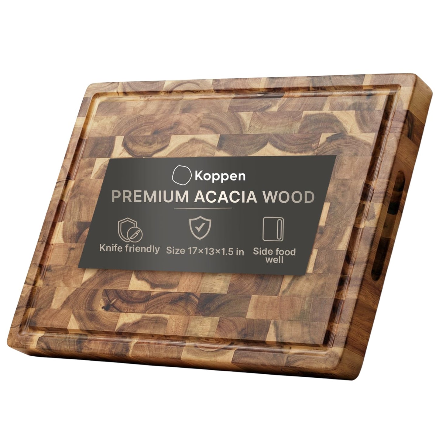 Koppen Acacia Wood End Grain Cutting Board, Knife-Friendly Butcher Block with Juice Groove, Inner Handles & Food Well, Reversible Heavy-Duty Serving & Chopping Board, Gift Box Included, 17x13x1.5 in