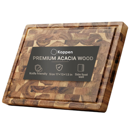 Koppen Acacia Wood End Grain Cutting Board, Knife-Friendly Butcher Block with Juice Groove, Inner Handles & Food Well, Reversible Heavy-Duty Serving & Chopping Board, Gift Box Included, 17x13x1.5 in