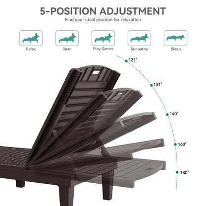YITAHOME Outdoor Chaise Lounge Chair, Plastic Pool Chaise Lounge with 5-Position Backrest, Easy Assembly & Waterproof for Patio & Poolside, Set of 4, Brown