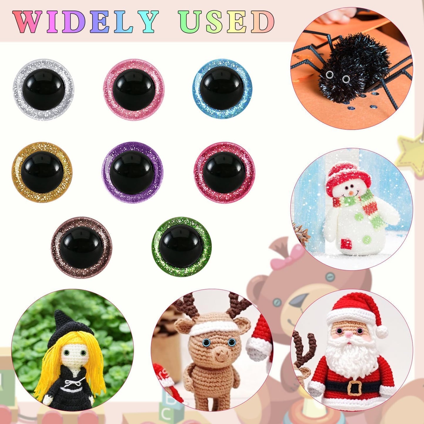 MUCUNNIA 120pcs 15mm Safety Eyes for Amigurumi Glitter Plastic Safety Eyes for Crochet with Washers Craft Crochet Eyes Doll Eyes for Crochet Animals Plush Stuffed Animals DIY Christmas Decorations