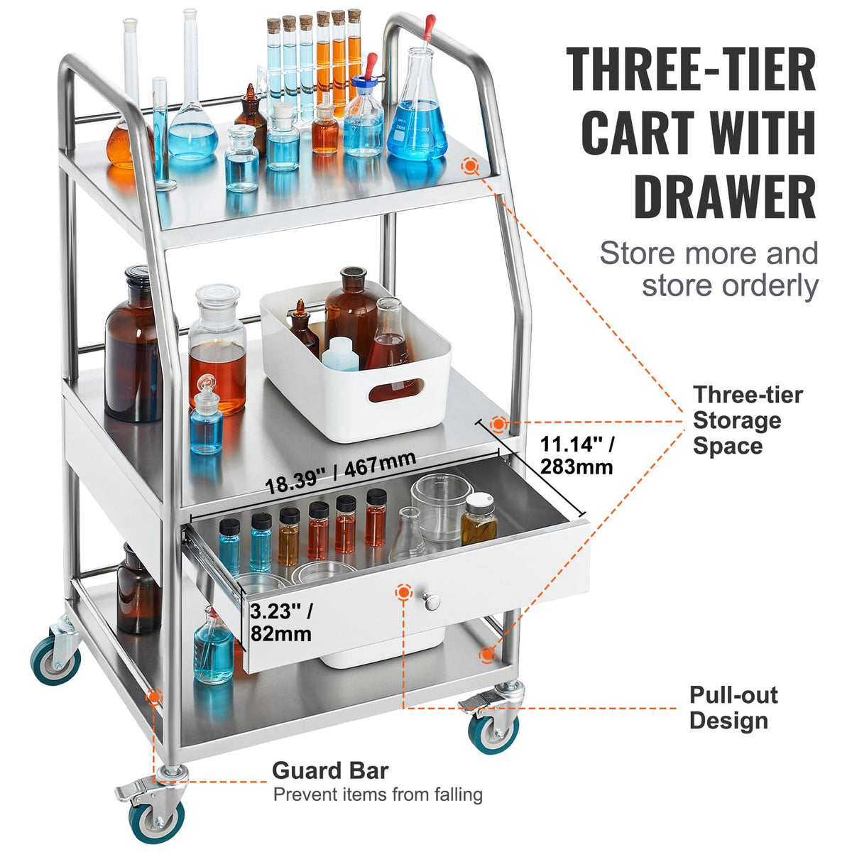 Happybuy Lab Serving Cart, 3-Tier Stainless Steel Utility Rolling Cart with Drawer, Medical & Dental Cart with Lockable Wheels, for Laboratory, Hospital, Clinic Use