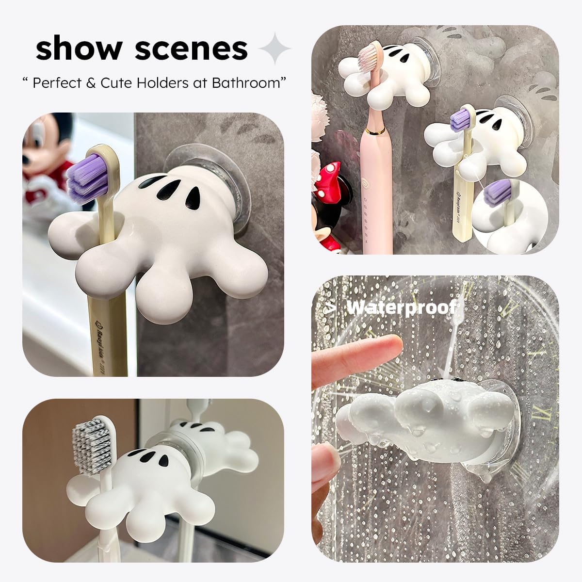 2PCS Cute Hanging Toothbrush Holder, Wall Hanging Utility Suction Hooks with Sticky Pads for Bathroom Decor
