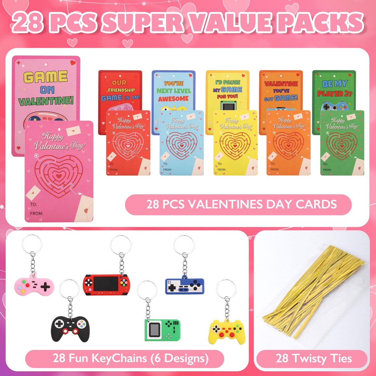 LIANORIST Valentines Day Cards for Kids School, 28 Pcs Video Game Keychains, Valentines Day Gifts for Kids Party Favors, Class Valentines Prizes Treasure Box Gifts Must Haves Treat Goodie Bag Stuffers