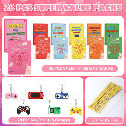 LIANORIST Valentines Day Cards for Kids School, 28 Pcs Video Game Keychains, Valentines Day Gifts for Kids Party Favors, Class Valentines Prizes Treasure Box Gifts Must Haves Treat Goodie Bag Stuffers