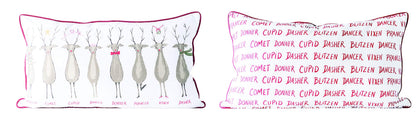 Creative Co-Op Rectangle Santa's Reindeer Cotton Pillow with Red Piping