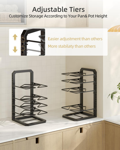 GIGIFTREE Pots and Pans Organizer under Cabinet, 5 Adjustable Tiers Heavy-Duty Pan Pot Organizer with 16.5" Height, Holds 55 LB - Cast Iron Skillets, Griddles, Shallow Cookware