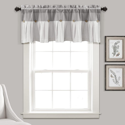 Lush Decor Linen Button Farmhouse Valance - 52" W x 18" L, Gray & White, Rustic Kitchen Curtains with Coconut Husk