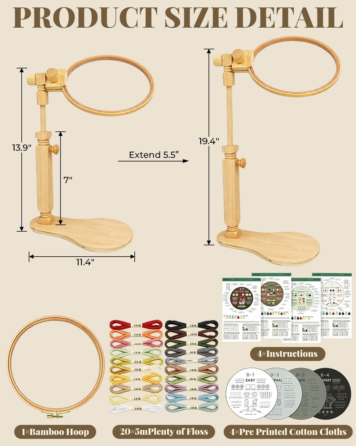 Wood Embroidery Hoop Stand Set, Needlepoint Stand for Lap, Embroidery Hoop Stand with Embroidery Kit for Beginners for Cross Stitch, Embroidery, and Art Craft Sewing Projects