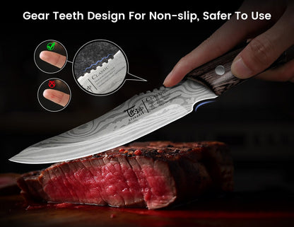 SYOKAMI Steak Knives Set of 6 with Drawer Organizer, 4.8 Inch High Carbon Japanese Style Non Serrated Meat Knife with Wood Handle, Damascus Pattern Full Tang Design, Razor-Sharp Dinner Knives
