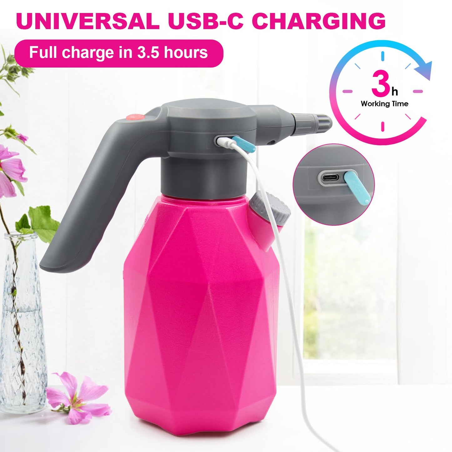 SideKing 0.5 Gallon Electric Spray Bottle Plant Mister for Indoor/Outdoor Plants, 2L Automatic Watering Can Rechargeable Battery Powered Sprayer with Adjustable Spout for Garden, Fertilizing, Cleaning