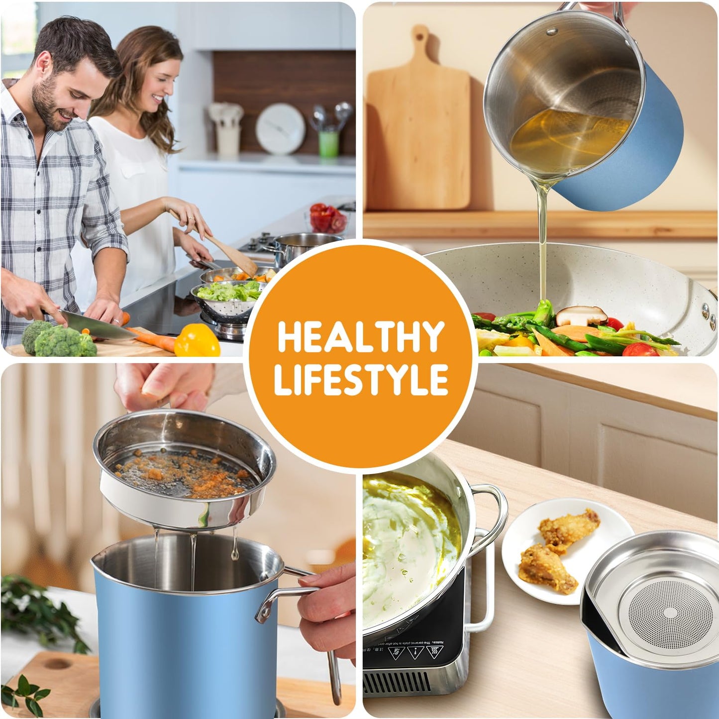 Chihee Grease Container Stainless Steel Bacon Grease Saver with Fine Mesh Strainer 2L / 67.6 fl oz Cooking Oil Keeper Stoarge Can with Dust-proof Lid Non-slip Tray for Kitchen Frying