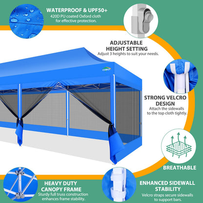 COBIZI 10x30 Pop Up Canopy with Sidewalls, Heavy Duty Canopy with Mosquito Netting, Easy up Screen Party Tents for Parties Backyard Outdoor Commercial Event Gazebo with Roller Bag, Sandbags, Blue